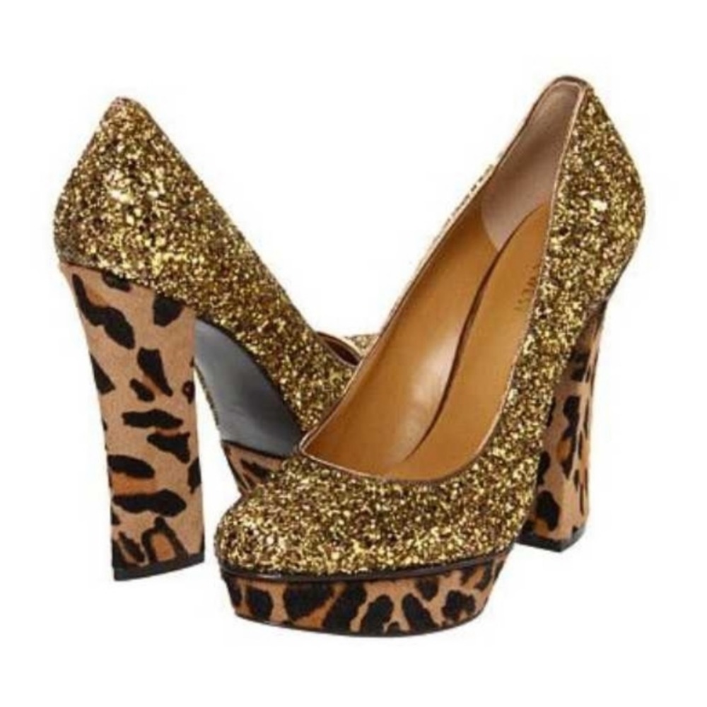 Nine West Gold Glitter Leopard Platform Drag Pumps